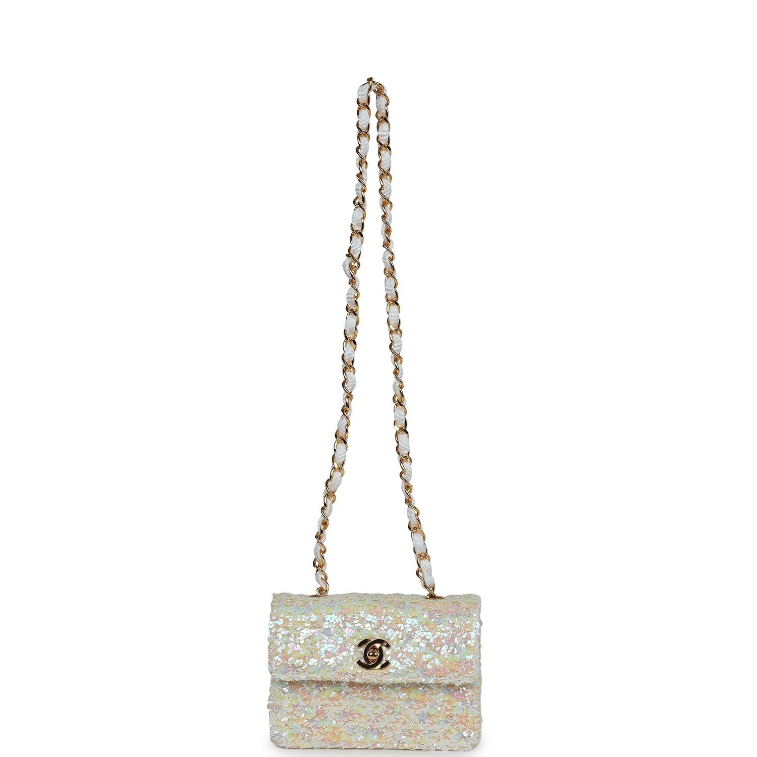 Chanel Vintage Micro Half Flap Iridescent Ivory Sequin Gold Hardware