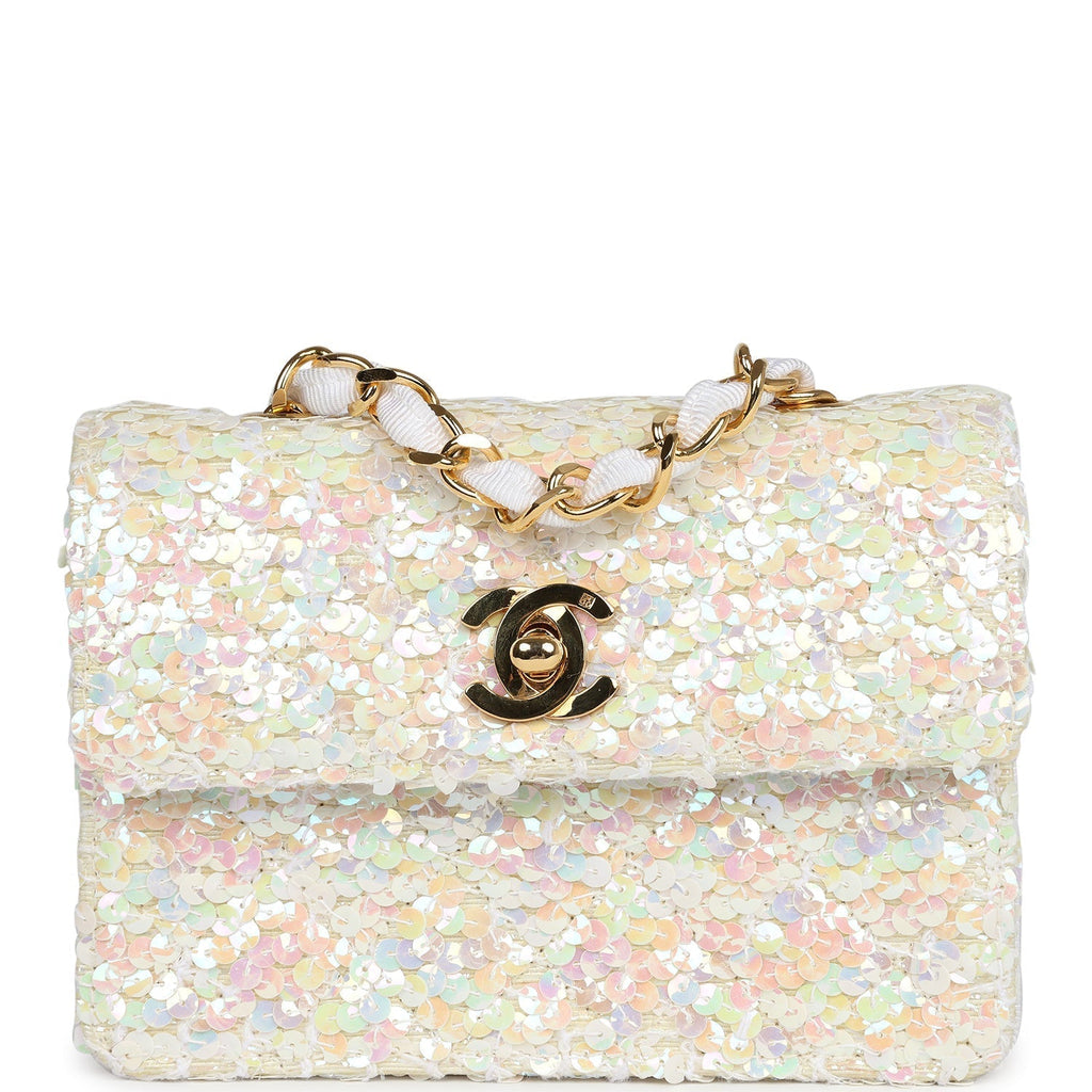 Chanel Vintage Micro Half Flap Iridescent Ivory Sequin Gold Hardware