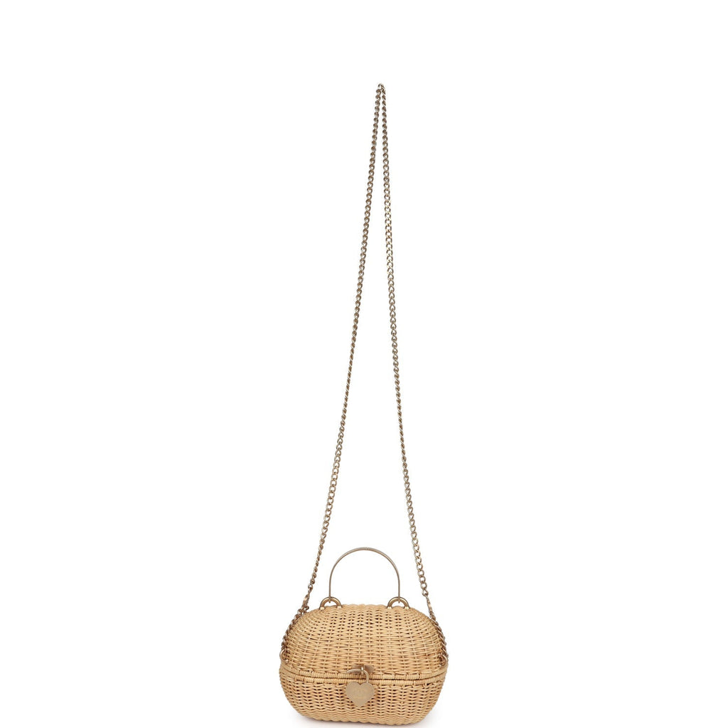 Chanel Vintage Small Heart Lock Basket Bag Natural Wicker Brushed Gold Hardware