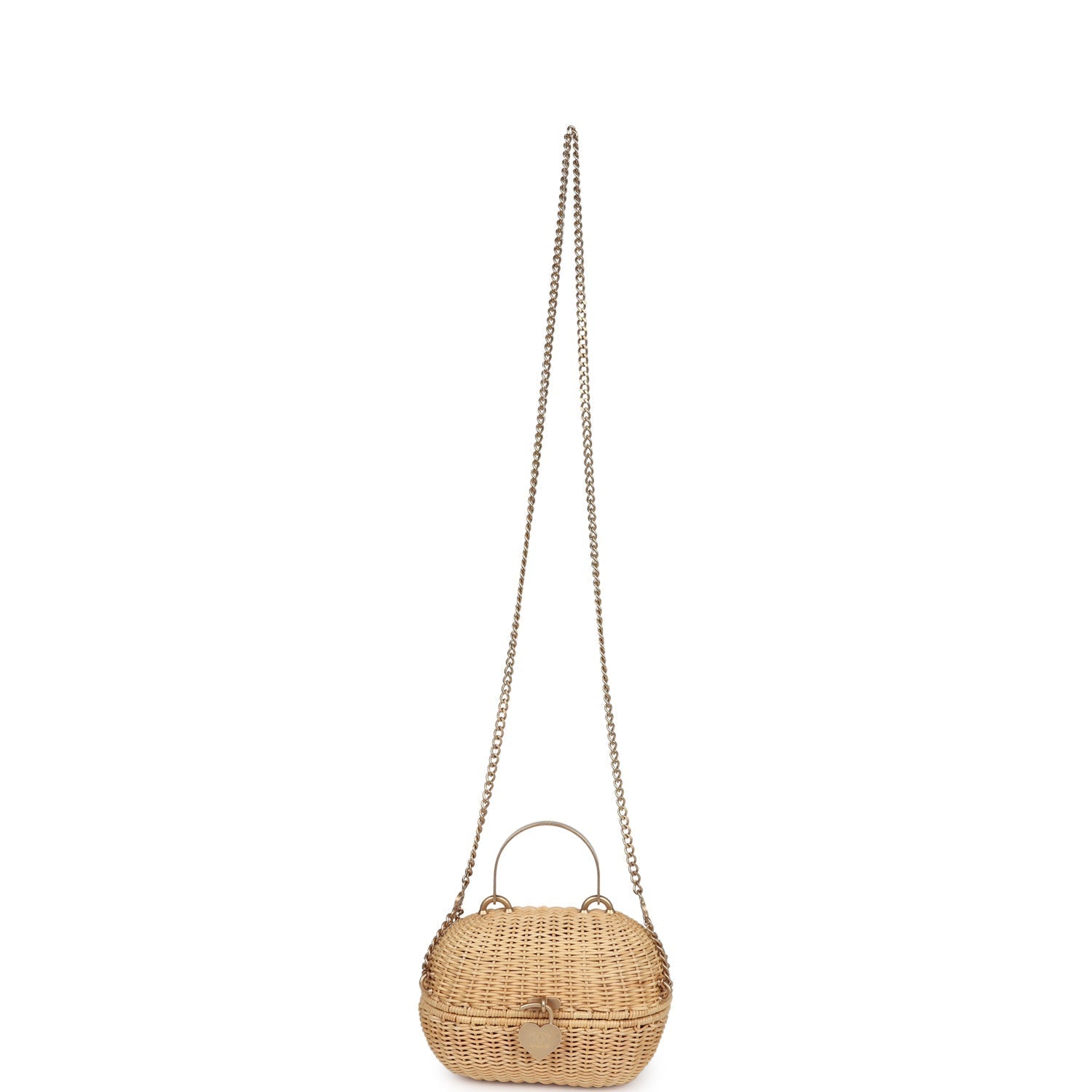 Chanel Vintage Small Heart Lock Basket Bag Natural Wicker Brushed Gold Hardware