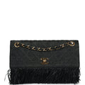 Chanel Vintage Quilted Fringe Single Flap Bag Black Raffia Gold Hardware