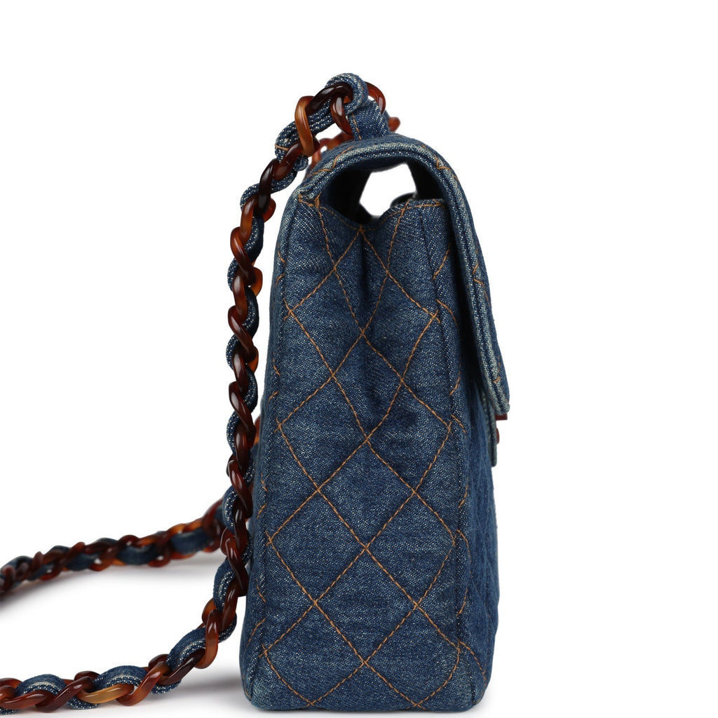 Chanel Vintage Jumbo Single Flap Bag Blue Denim Tortoiseshell Bakelite Hardware