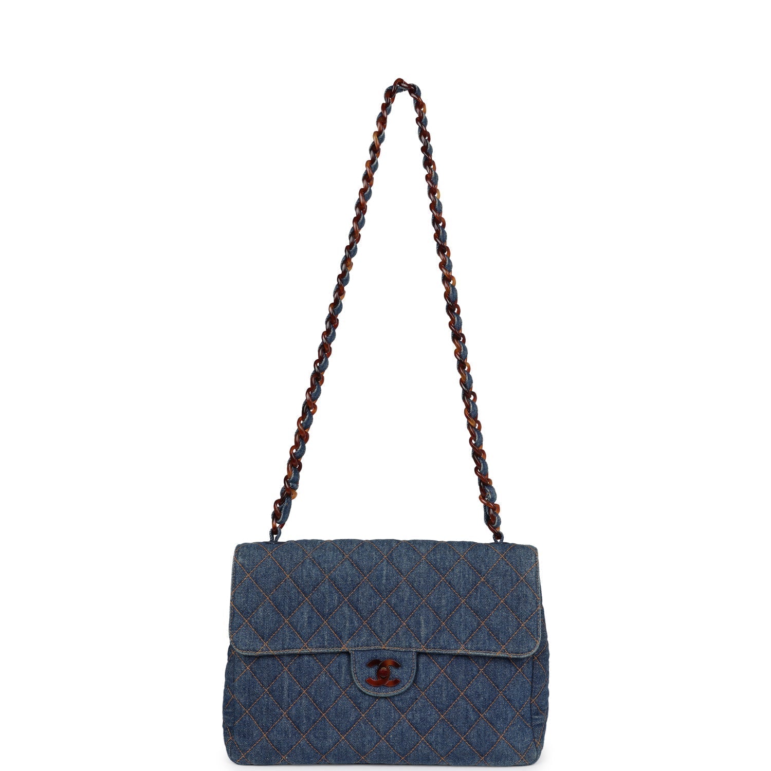 Chanel Vintage Jumbo Single Flap Bag Blue Denim Tortoiseshell Bakelite Hardware