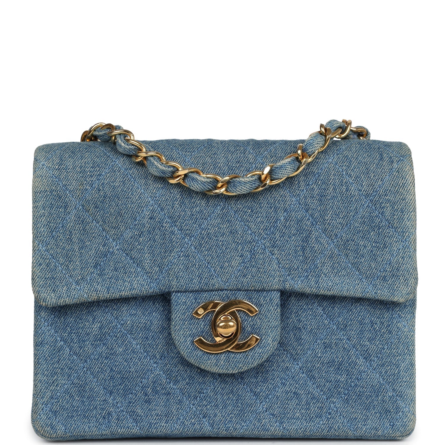 Chanel Vintage Mini Square Flap Bag Blue Denim Gold Hardware
