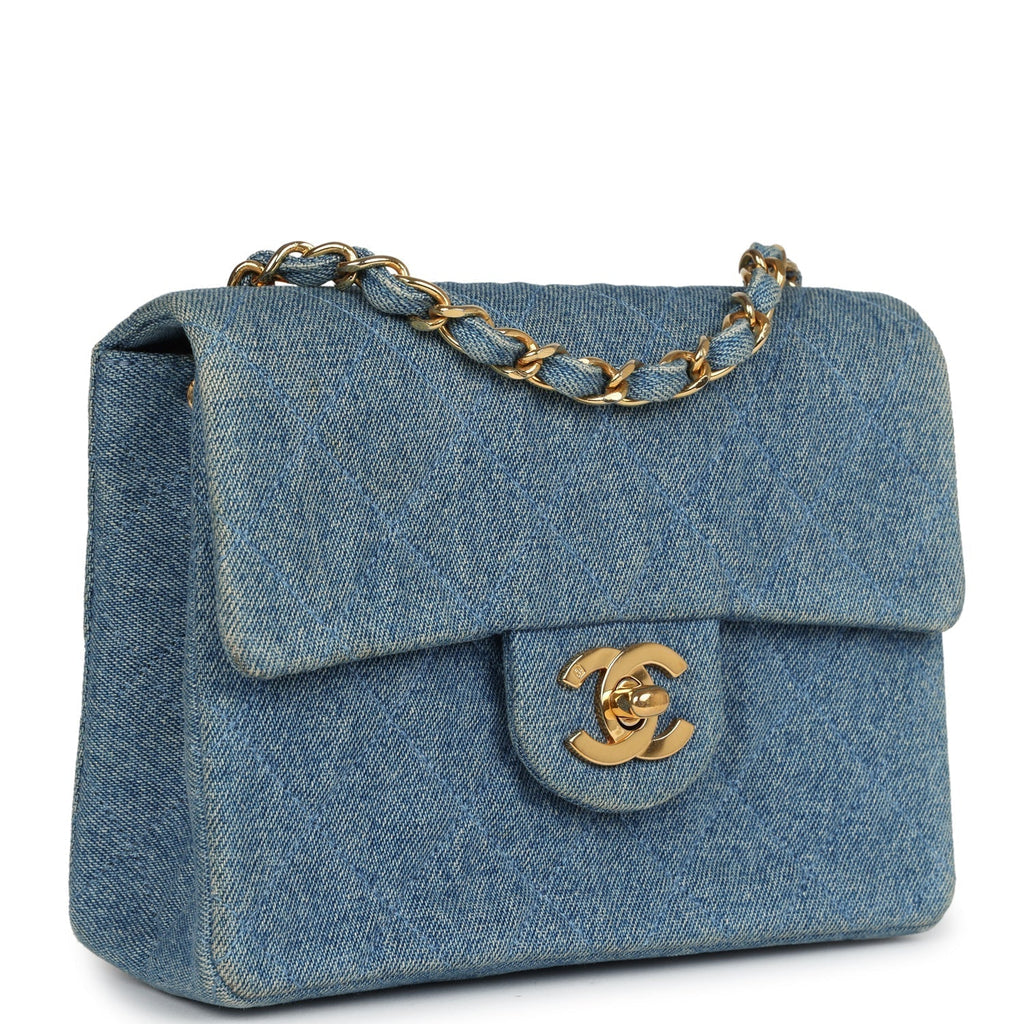 Chanel Vintage Mini Square Flap Bag Blue Denim Gold Hardware