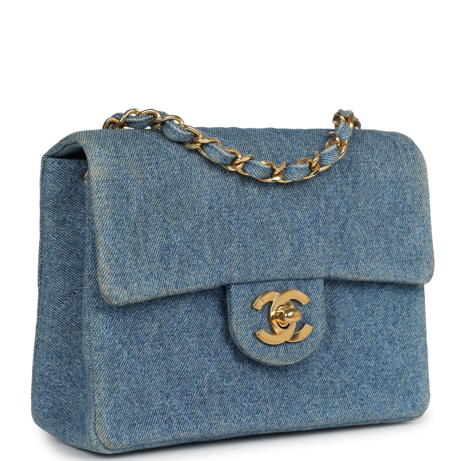 Chanel Vintage Mini Square Flap Bag Blue Denim Gold Hardware