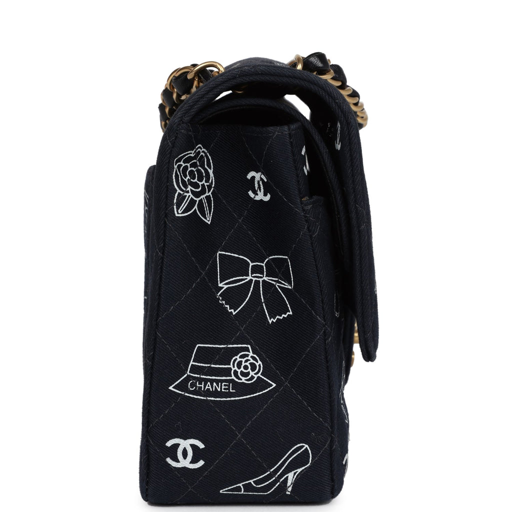 Vintage Chanel Medium Icon Print Double Flap Bag Navy Canvas Brushed Gold Hardware