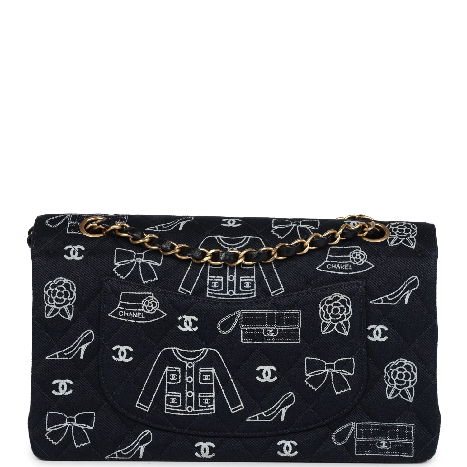 Vintage Chanel Medium Icon Print Double Flap Bag Navy Canvas Brushed Gold Hardware