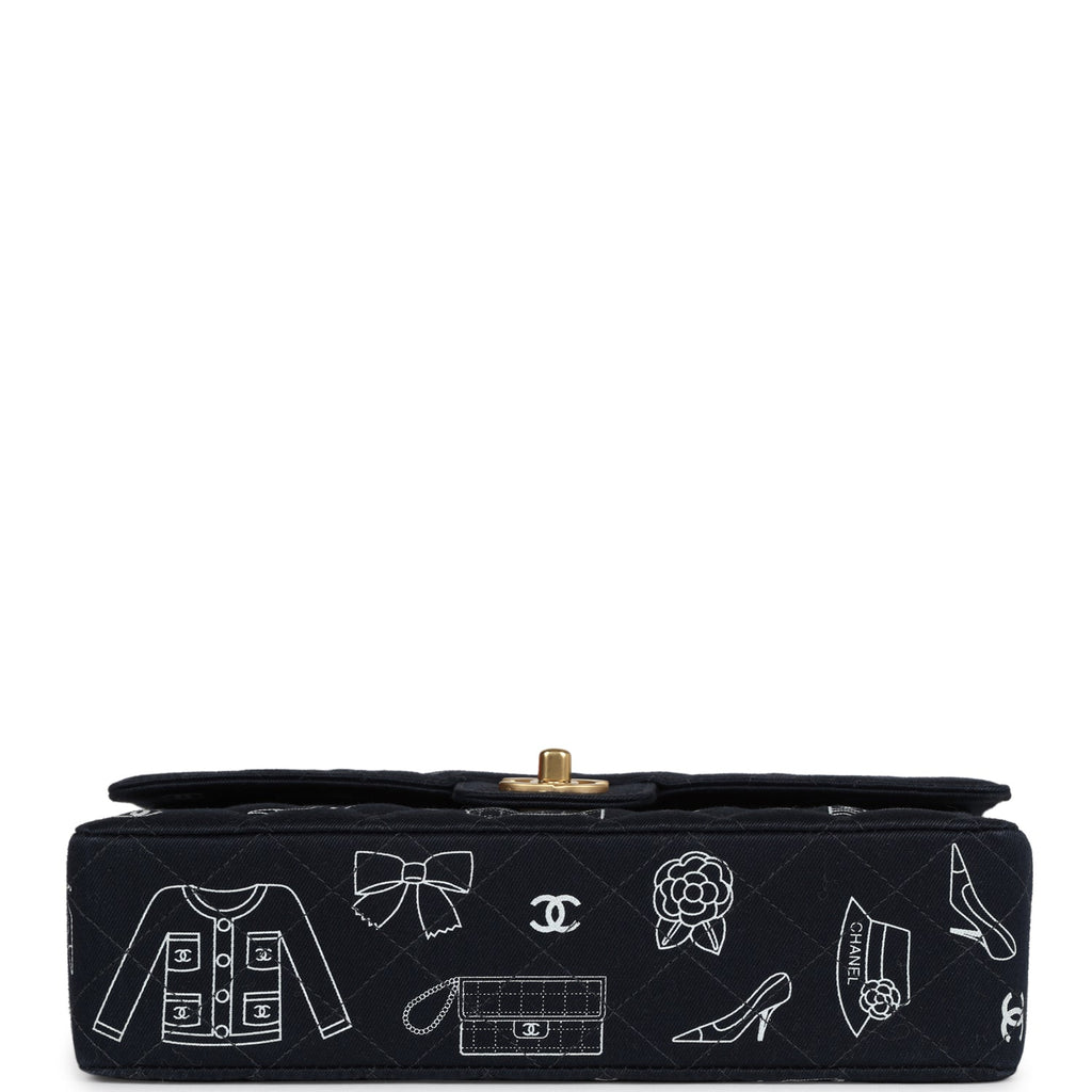 Vintage Chanel Medium Icon Print Double Flap Bag Navy Canvas Brushed Gold Hardware