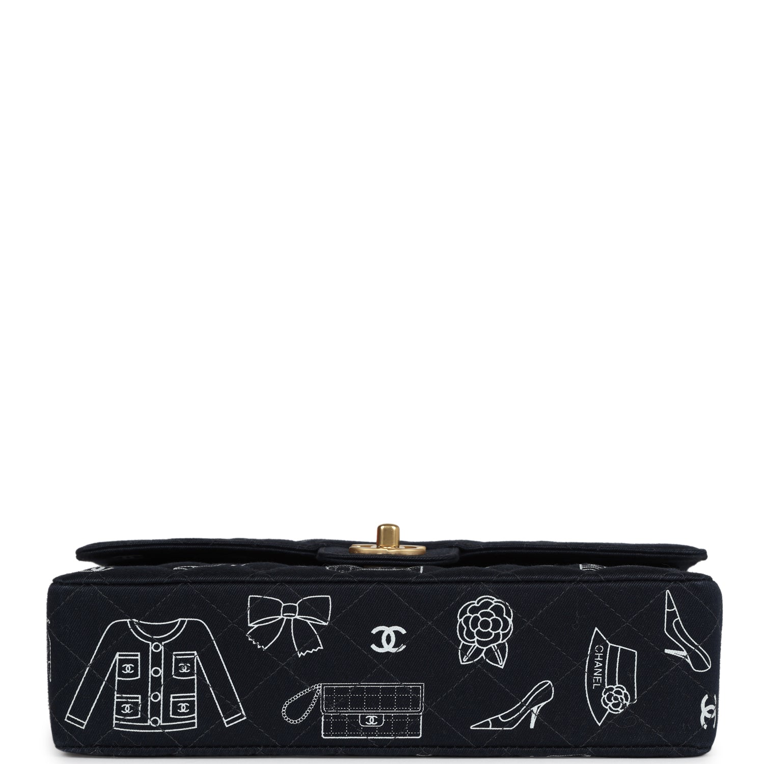 Vintage Chanel Medium Icon Print Double Flap Bag Navy Canvas Brushed Gold Hardware