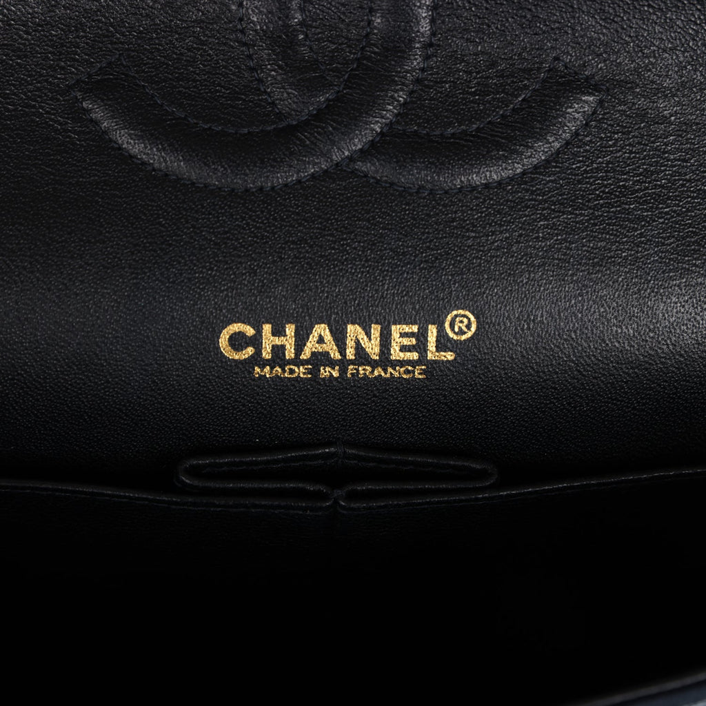 Vintage Chanel Medium Icon Print Double Flap Bag Navy Canvas Brushed Gold Hardware