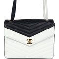Chanel Vintage Chevron Envelope Flap Shoulder Bag Navy and White Lambskin Gold Hardware