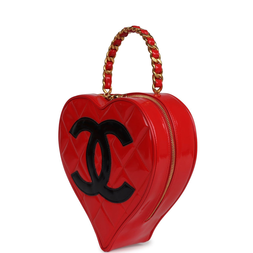 Chanel Vintage Heart Vanity Bag Red and Black Patent Antique Gold Hardware