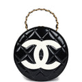 Chanel Vintage Round Vanity Bag Black and White Patent Leather Antique Gold Hardware
