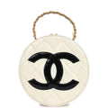 Chanel Vintage Round Vanity Bag White and Black Patent Leather Antique Gold Hardware