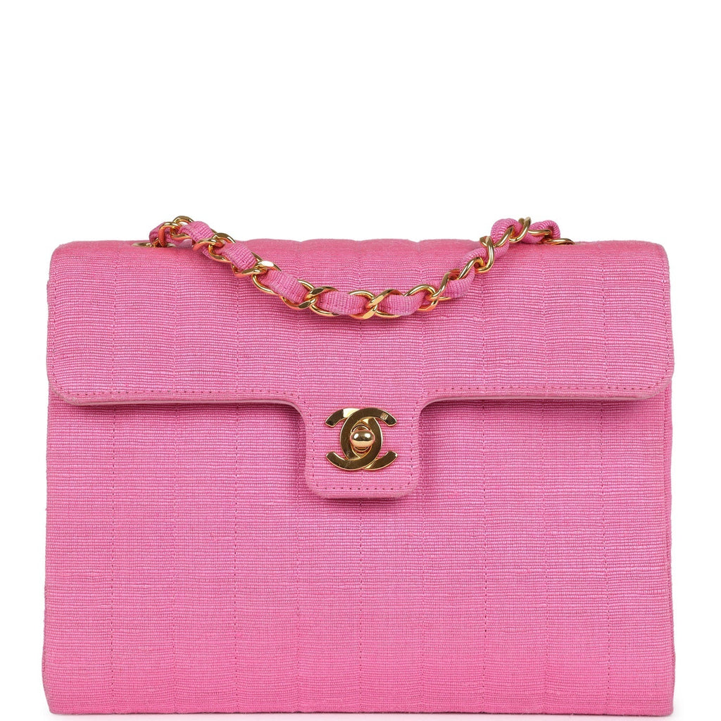 Chanel Vintage Vertical Mademoiselle Shoulder Bag Pink Linen Gold Hardware