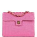 Chanel Vintage Vertical Mademoiselle Shoulder Bag Pink Linen Gold Hardware