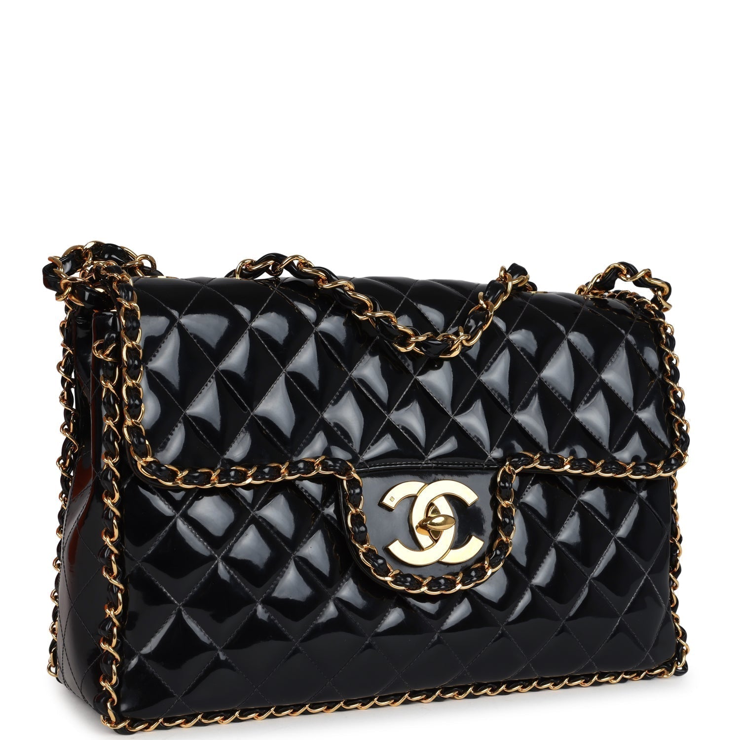 Chanel Vintage Maxi Chain Around Single Flap Bag Black Patent Gold Hardware