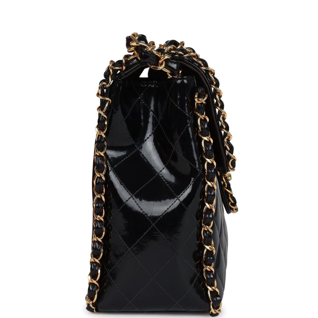 Chanel Vintage Maxi Chain Around Single Flap Bag Black Patent Gold Hardware