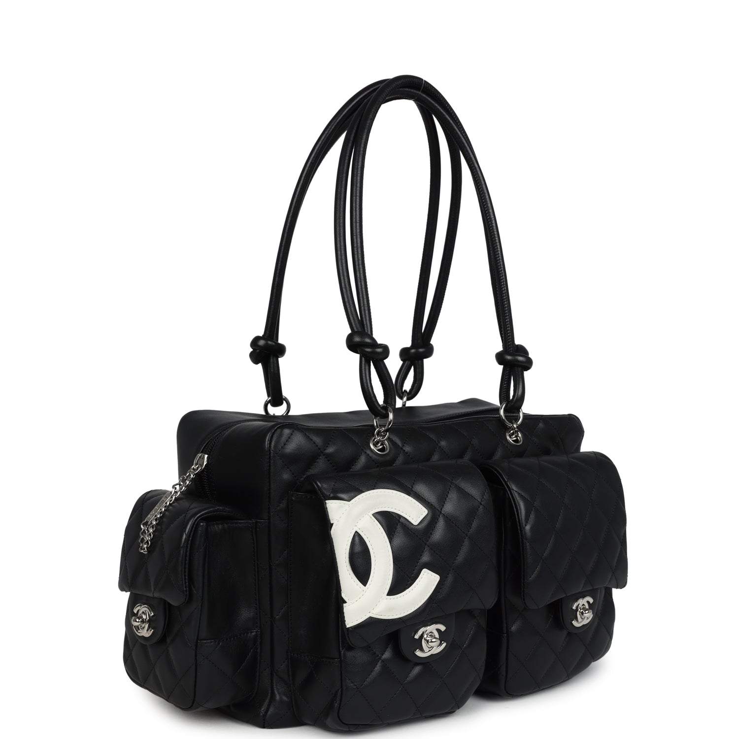 Chanel Vintage Large Cambon Ligne Reporter Bag Black and White Lambskin Silver Hardware