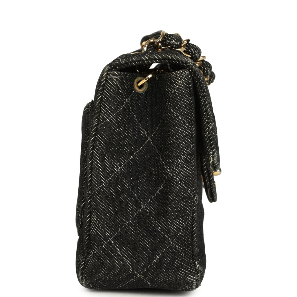 Vintage Chanel Mini Square Flap Bag Black Denim Gold Hardware