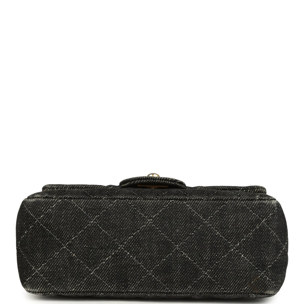 Vintage Chanel Mini Square Flap Bag Black Denim Gold Hardware