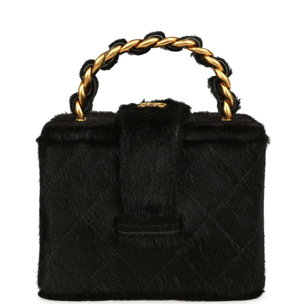 Vintage Chanel Square Vanity Box Black Pony Hair Antique Gold Hardware