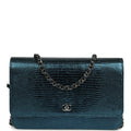 Pre-owned Chanel Wallet On Chain WOC Metallic Blue Lizard Ruthenium Hardware