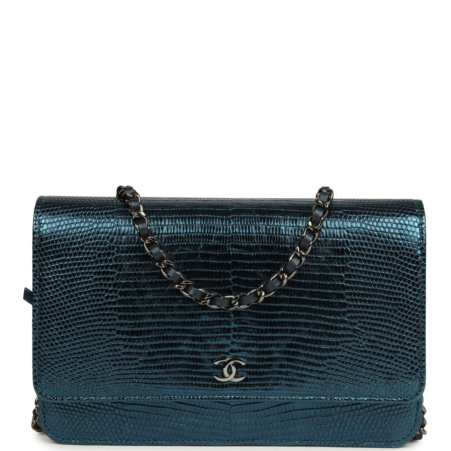 Pre-owned Chanel Wallet On Chain WOC Metallic Blue Lizard Ruthenium Hardware