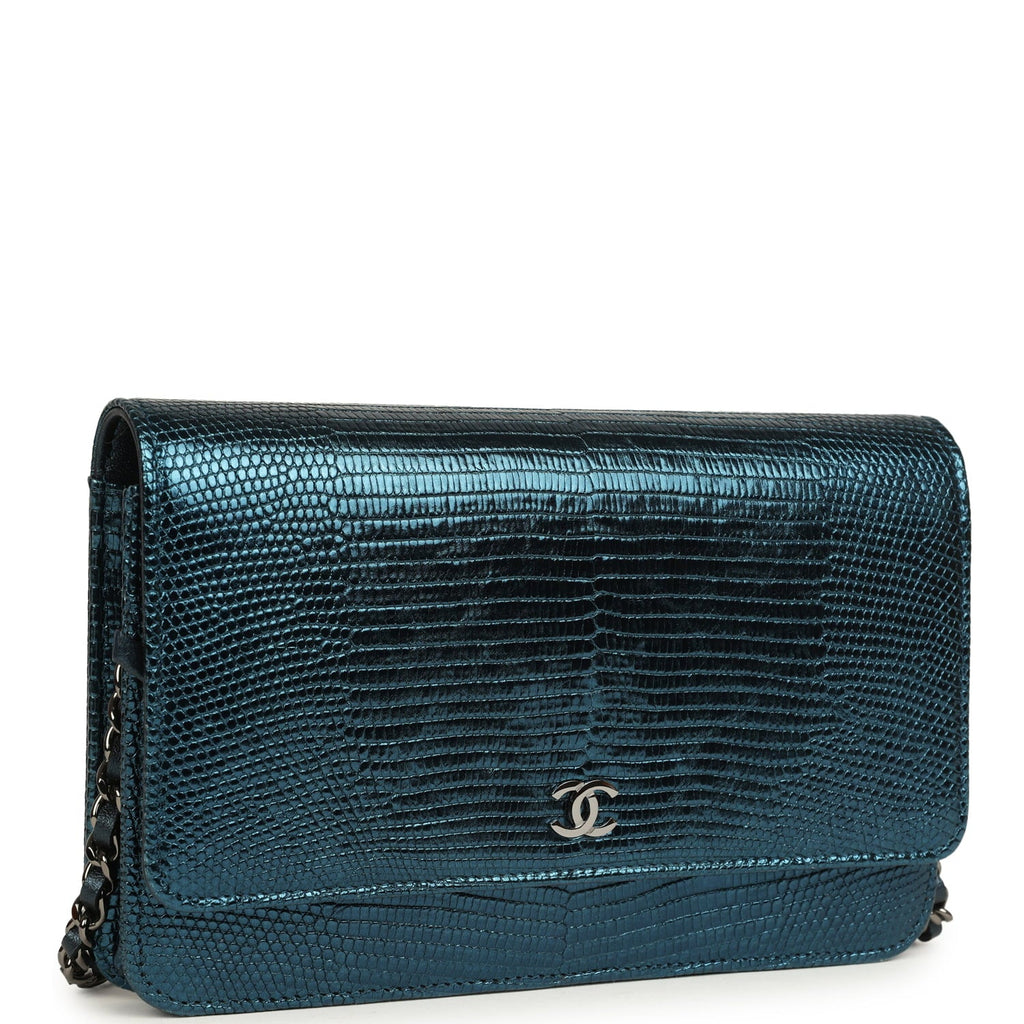Pre-owned Chanel Wallet On Chain WOC Metallic Blue Lizard Ruthenium Hardware
