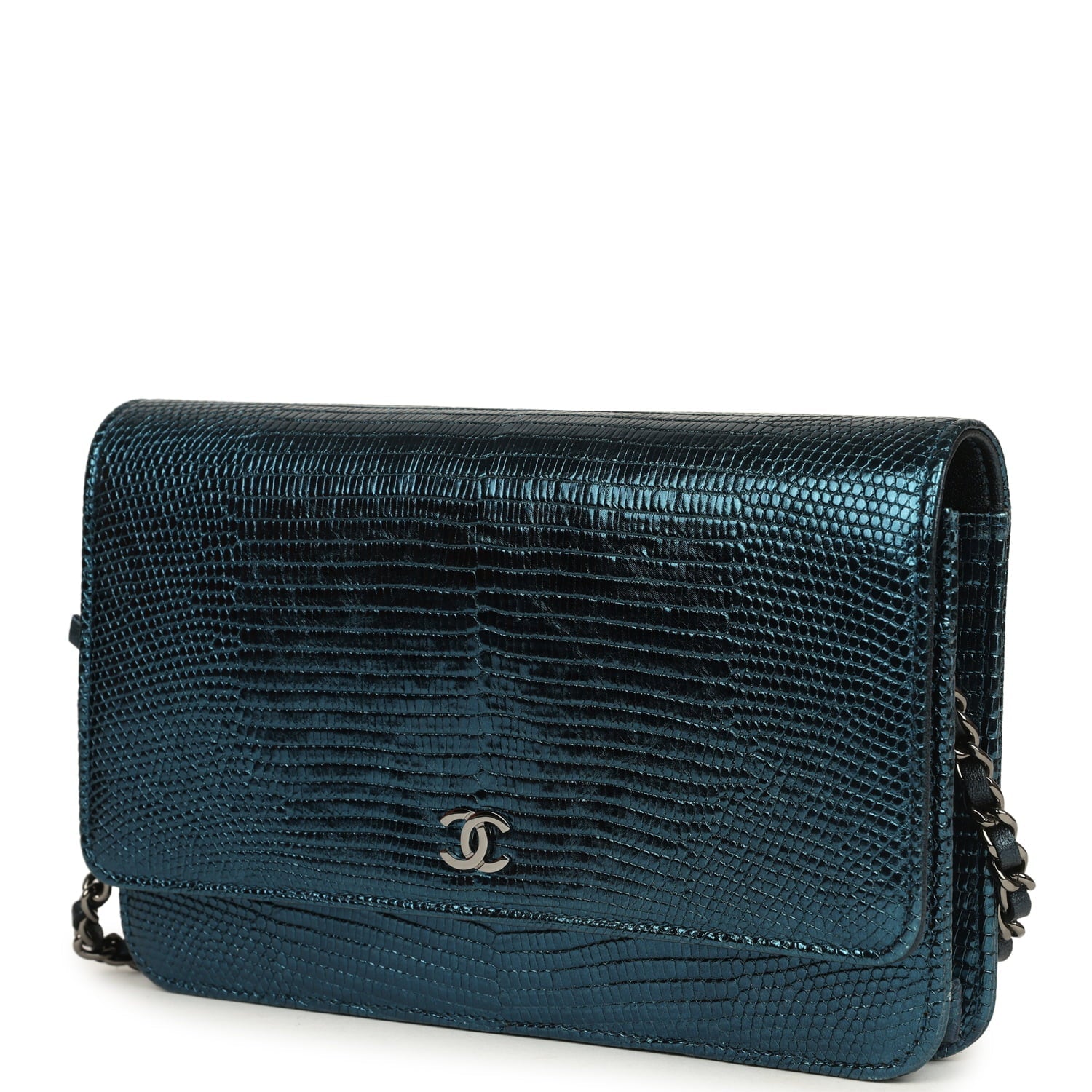 Pre-owned Chanel Wallet On Chain WOC Metallic Blue Lizard Ruthenium Hardware