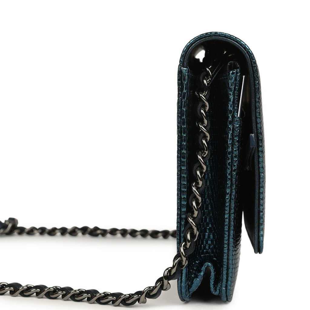 Pre-owned Chanel Wallet On Chain WOC Metallic Blue Lizard Ruthenium Hardware