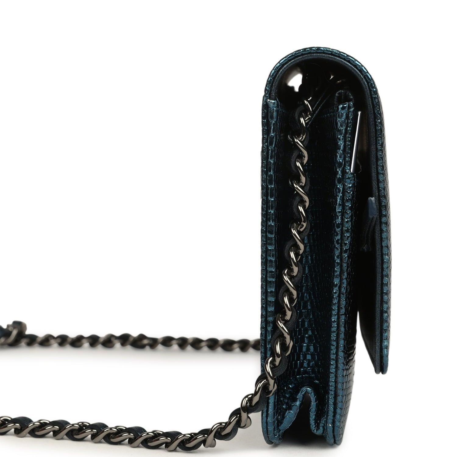 Pre-owned Chanel Wallet On Chain WOC Metallic Blue Lizard Ruthenium Hardware