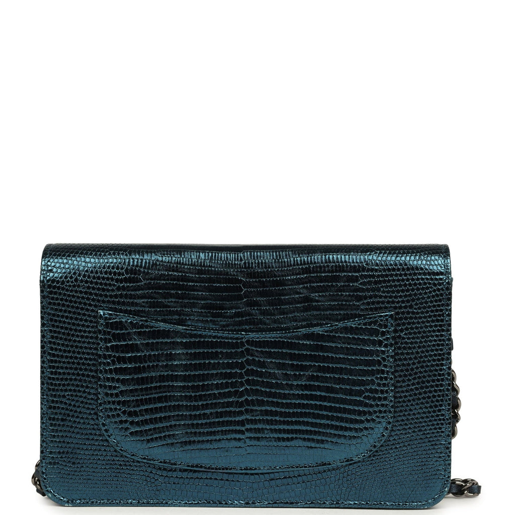 Pre-owned Chanel Wallet On Chain WOC Metallic Blue Lizard Ruthenium Hardware