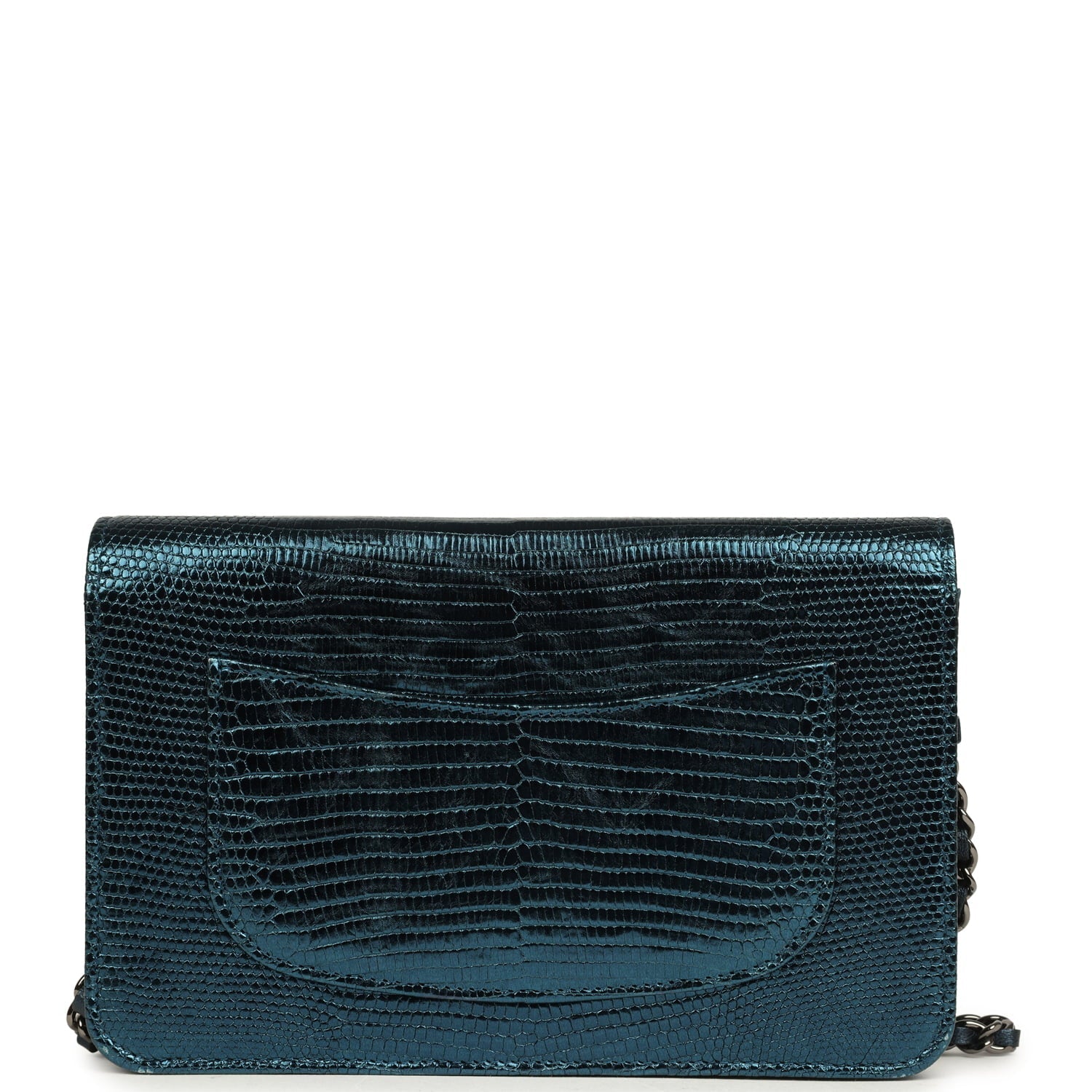 Pre-owned Chanel Wallet On Chain WOC Metallic Blue Lizard Ruthenium Hardware
