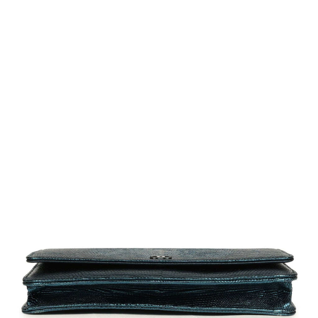 Pre-owned Chanel Wallet On Chain WOC Metallic Blue Lizard Ruthenium Hardware