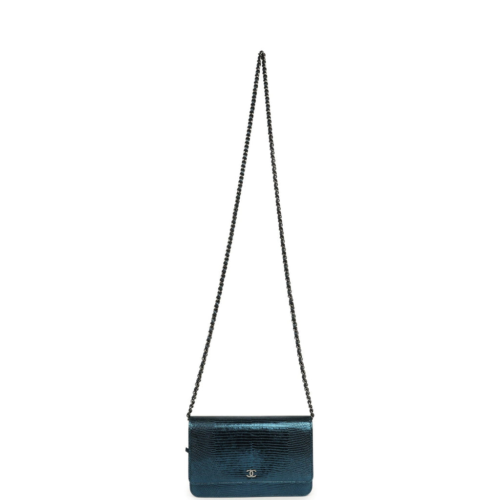 Pre-owned Chanel Wallet On Chain WOC Metallic Blue Lizard Ruthenium Hardware