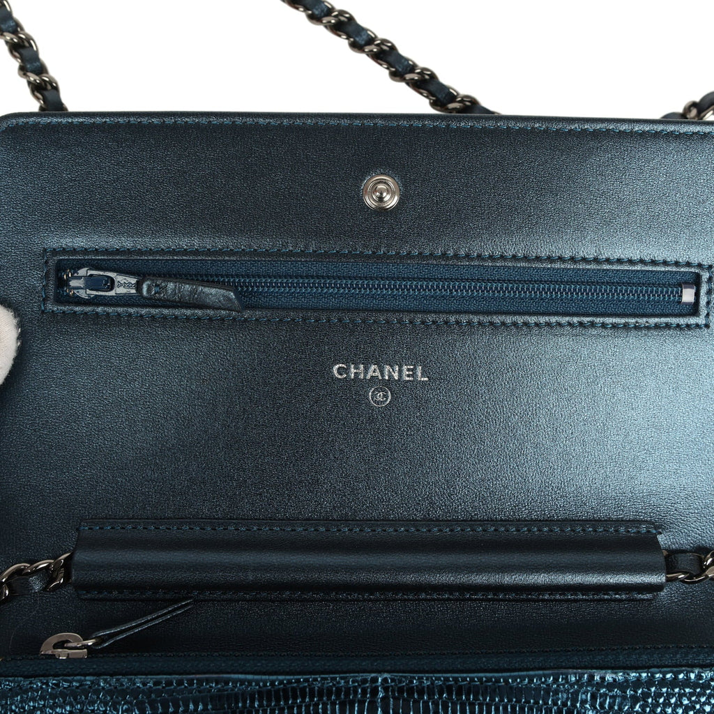 Pre-owned Chanel Wallet On Chain WOC Metallic Blue Lizard Ruthenium Hardware