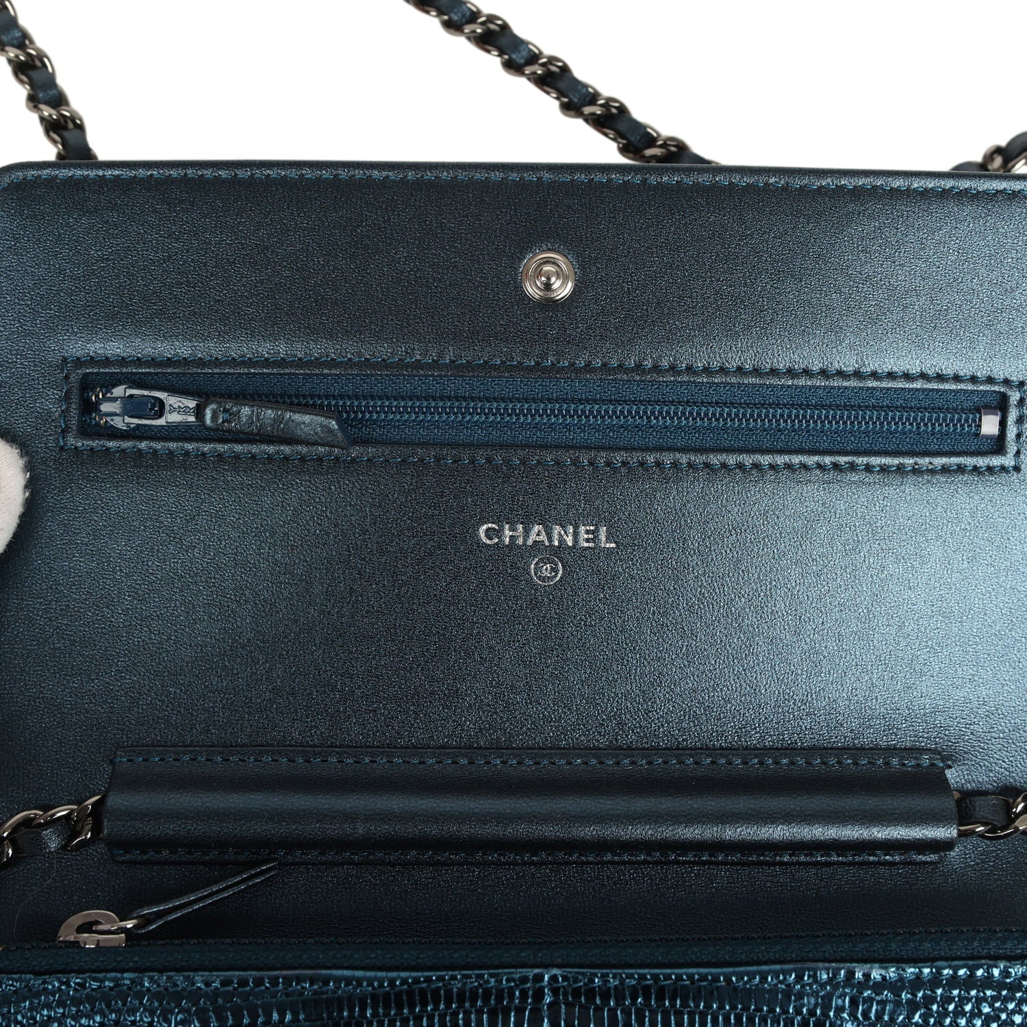 Pre-owned Chanel Wallet On Chain WOC Metallic Blue Lizard Ruthenium Hardware