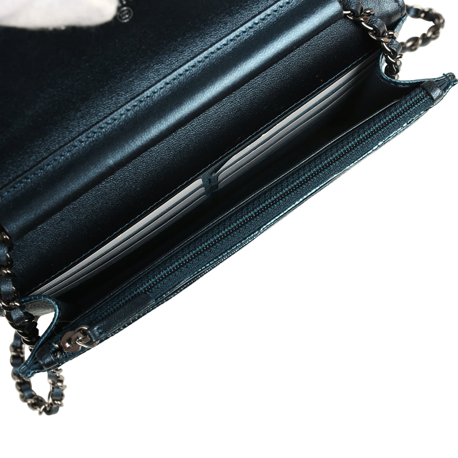 Pre-owned Chanel Wallet On Chain WOC Metallic Blue Lizard Ruthenium Hardware