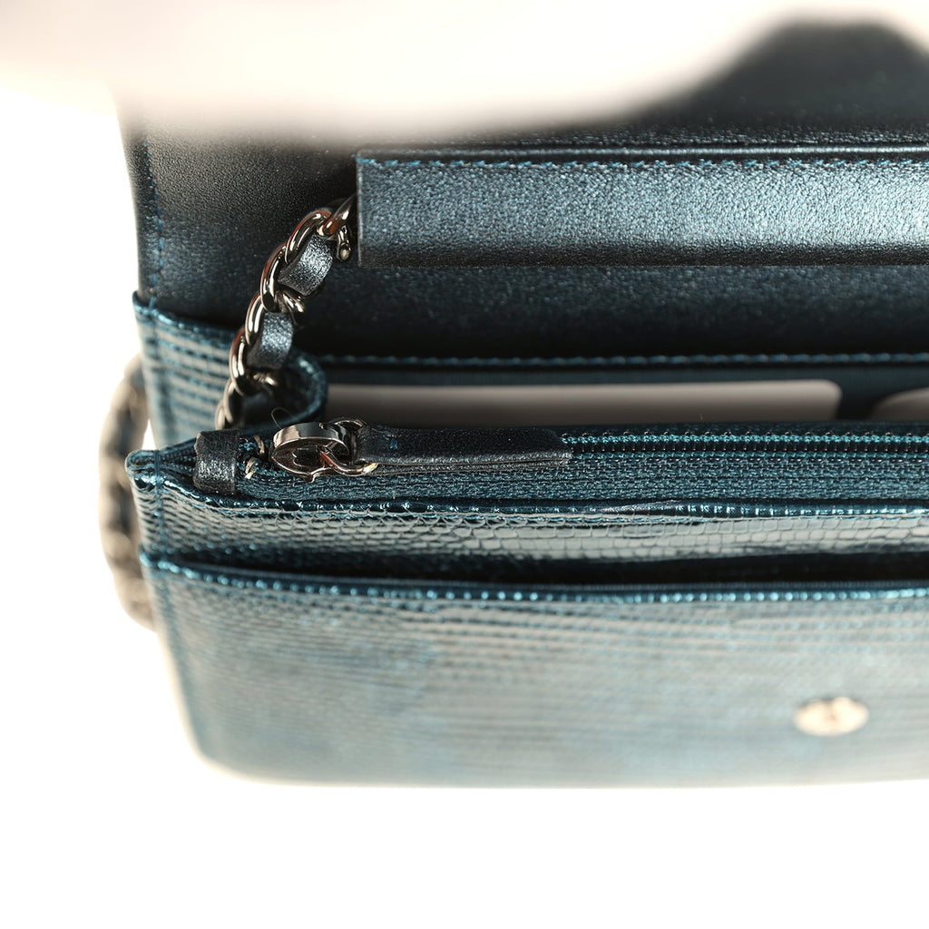 Pre-owned Chanel Wallet On Chain WOC Metallic Blue Lizard Ruthenium Hardware