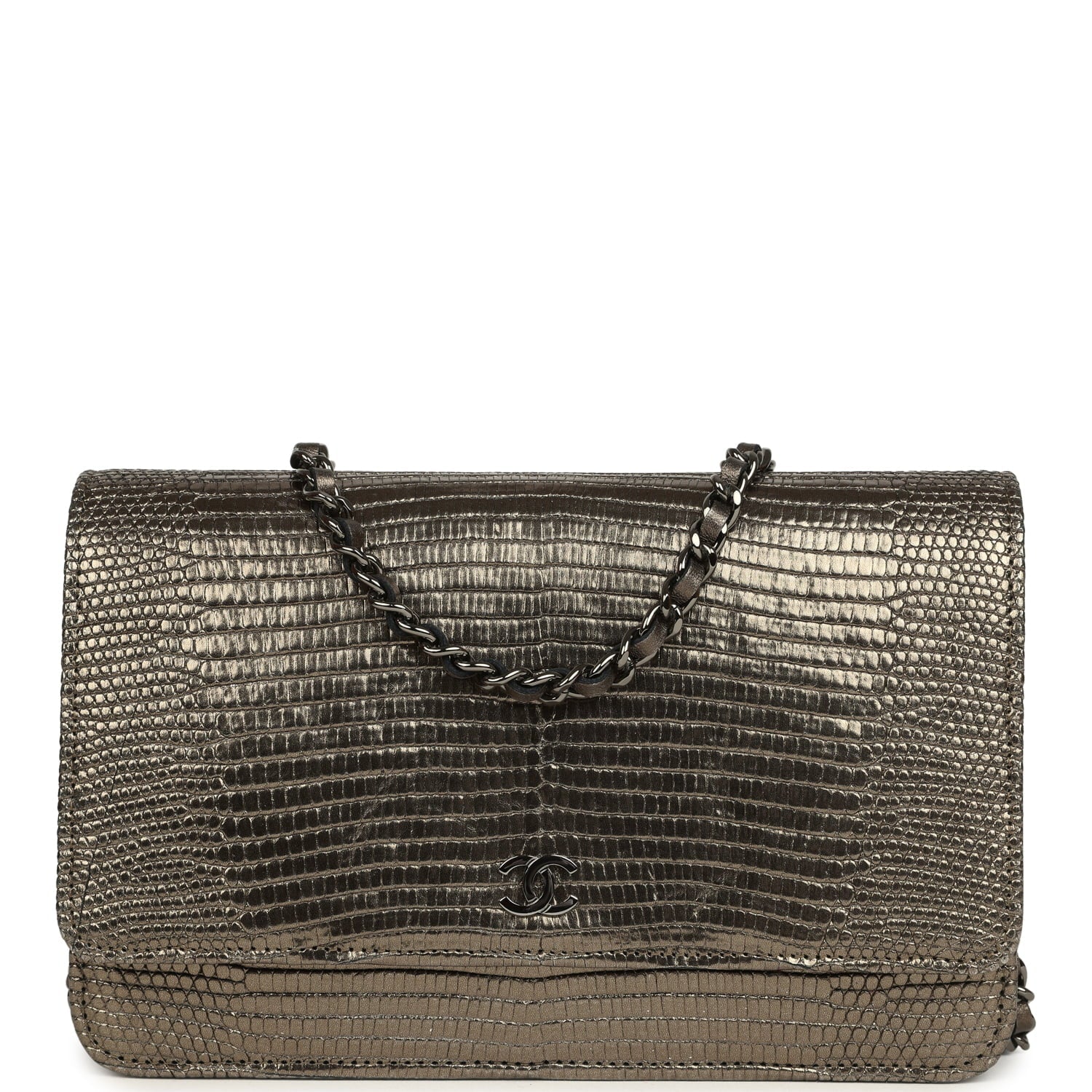 Pre-owned Chanel Wallet On Chain WOC Anthracite Lizard Ruthenium Hardware