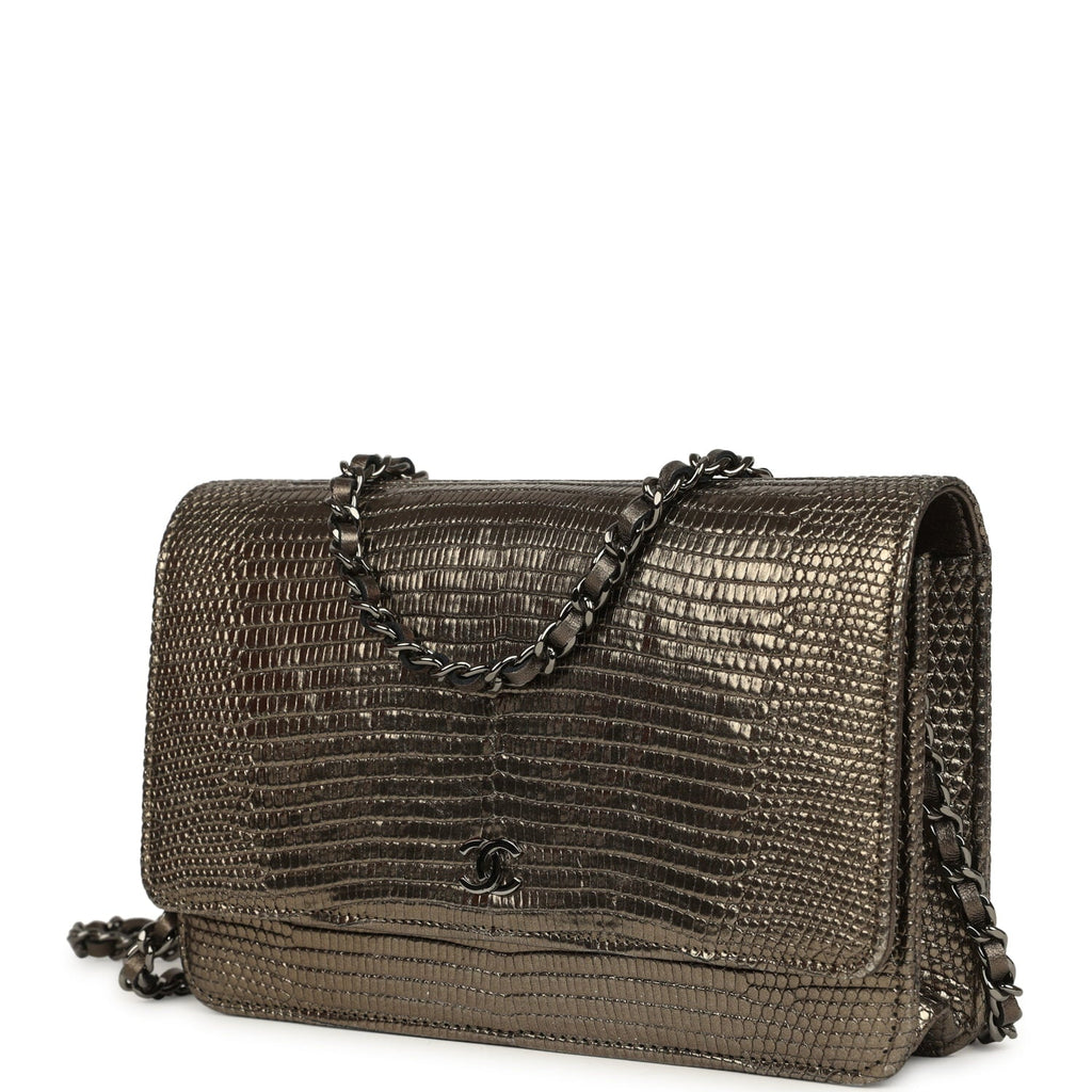 Pre-owned Chanel Wallet On Chain WOC Anthracite Lizard Ruthenium Hardware