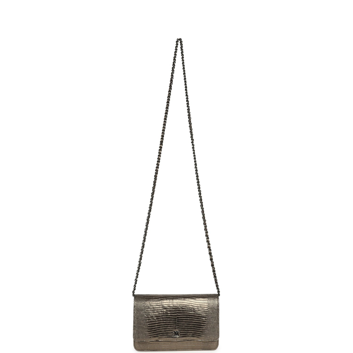 Pre-owned Chanel Wallet On Chain WOC Anthracite Lizard Ruthenium Hardware