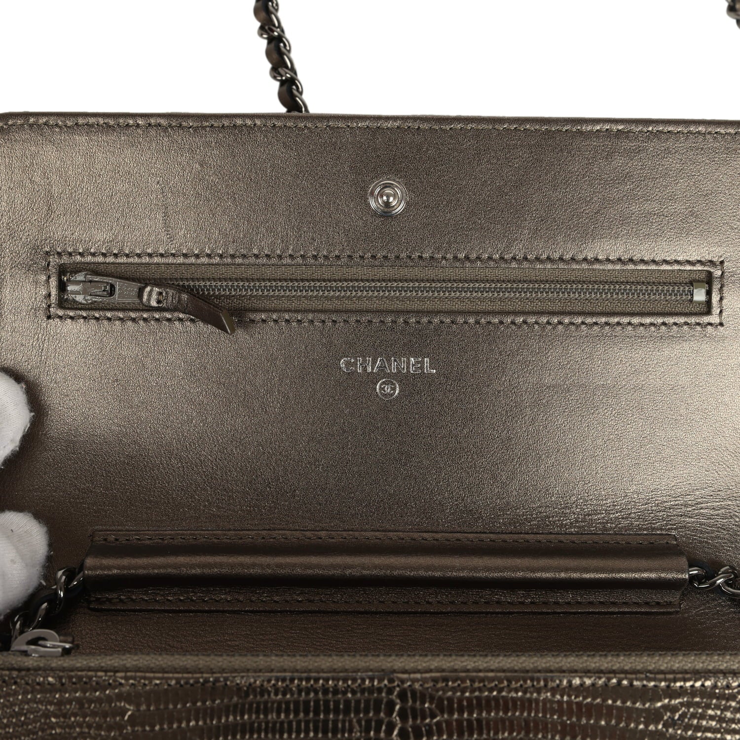 Pre-owned Chanel Wallet On Chain WOC Anthracite Lizard Ruthenium Hardware