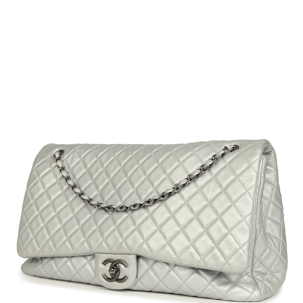 Pre-owned Chanel XXL Classic Single Flap Bag Silver Metallic Calfskin Aged Ruthenium Hardware