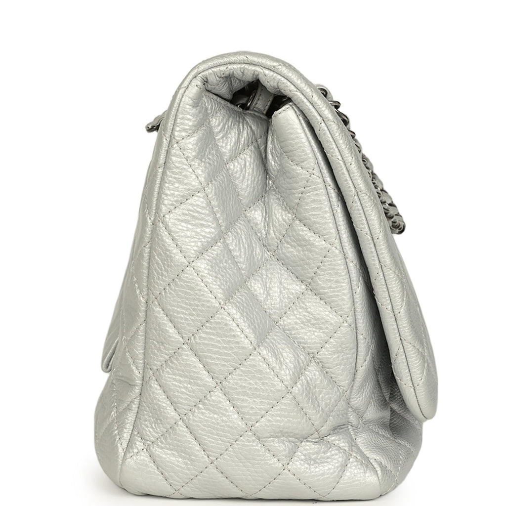 Pre-owned Chanel XXL Classic Single Flap Bag Silver Metallic Calfskin Aged Ruthenium Hardware