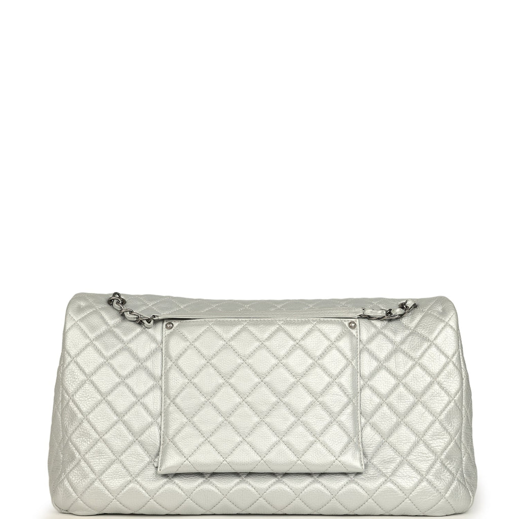 Pre-owned Chanel XXL Classic Single Flap Bag Silver Metallic Calfskin Aged Ruthenium Hardware