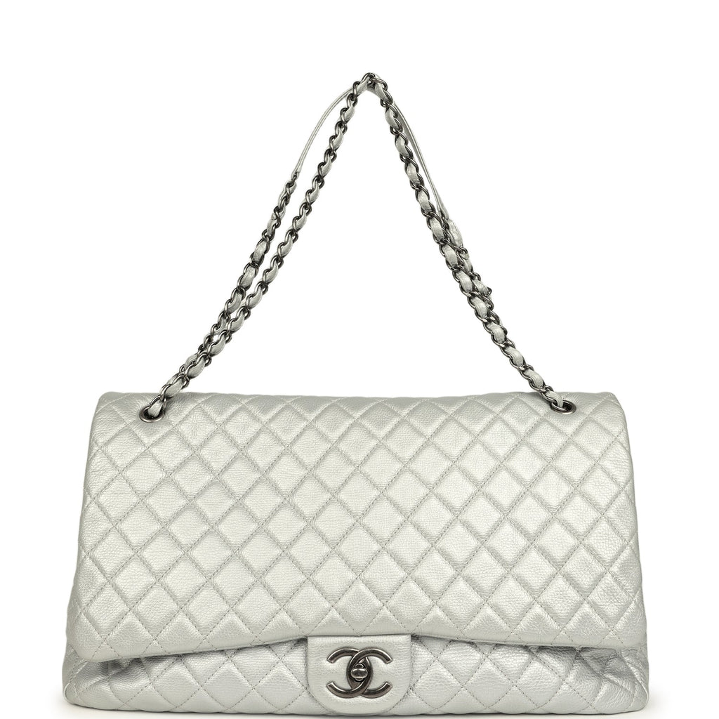 Pre-owned Chanel XXL Classic Single Flap Bag Silver Metallic Calfskin Aged Ruthenium Hardware