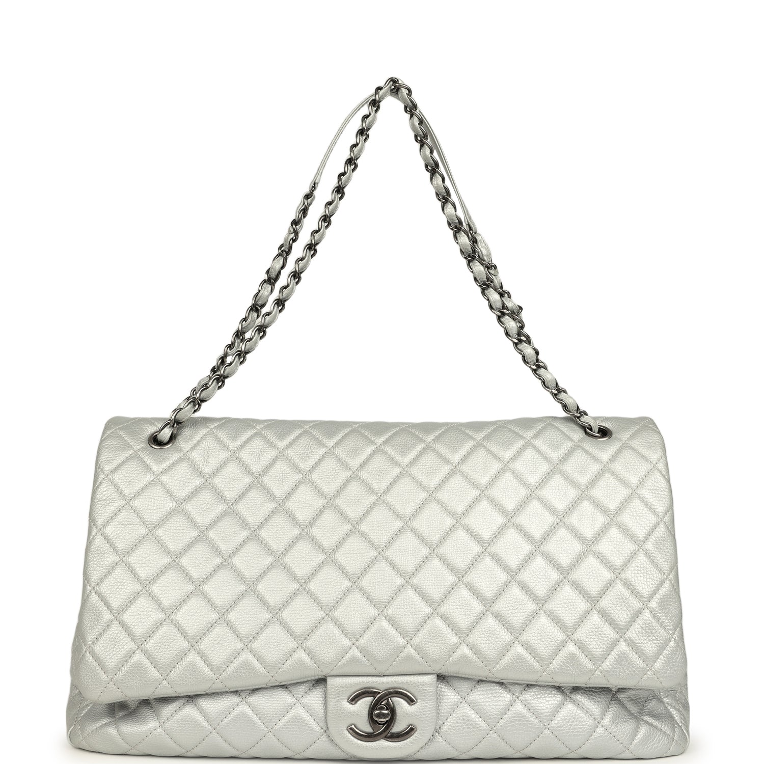 Pre-owned Chanel XXL Classic Single Flap Bag Silver Metallic Calfskin Aged Ruthenium Hardware